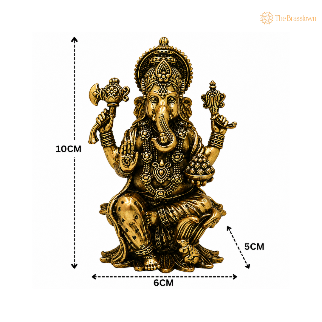 Handcrafted Brass Ganpati Bappa Idol with Mooshak– Lord Ganesha Murti (Vighnaharta) for Puja, Home Mandir &amp; Décor 4 Inch