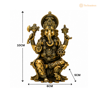 Handcrafted Brass Ganpati Bappa Idol with Mooshak– Lord Ganesha Murti (Vighnaharta) for Puja, Home Mandir &amp; Décor 4 Inch