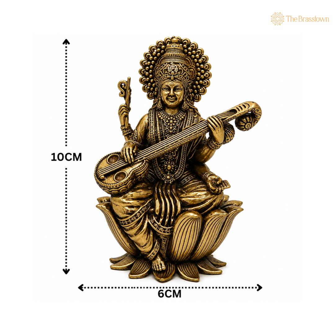 Handcrafted Brass Saraswati Mata Idol  – Goddess of Knowledge (Veena Vadini) Murti for Puja, Study &amp; Home Mandir Décor 4 Inch