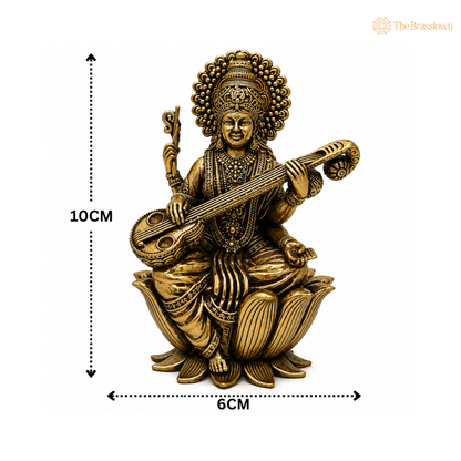 Handcrafted Brass Saraswati Mata Idol  – Goddess of Knowledge (Veena Vadini) Murti for Puja, Study &amp; Home Mandir Décor 4 Inch