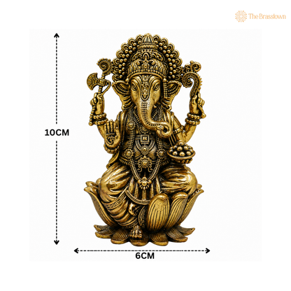 Handcrafted Brass Ganpati Bappa Idol on lotus – Lord Ganesha Murti (Vighnaharta) for Puja, Home Mandir &amp; Décor 4 Inch