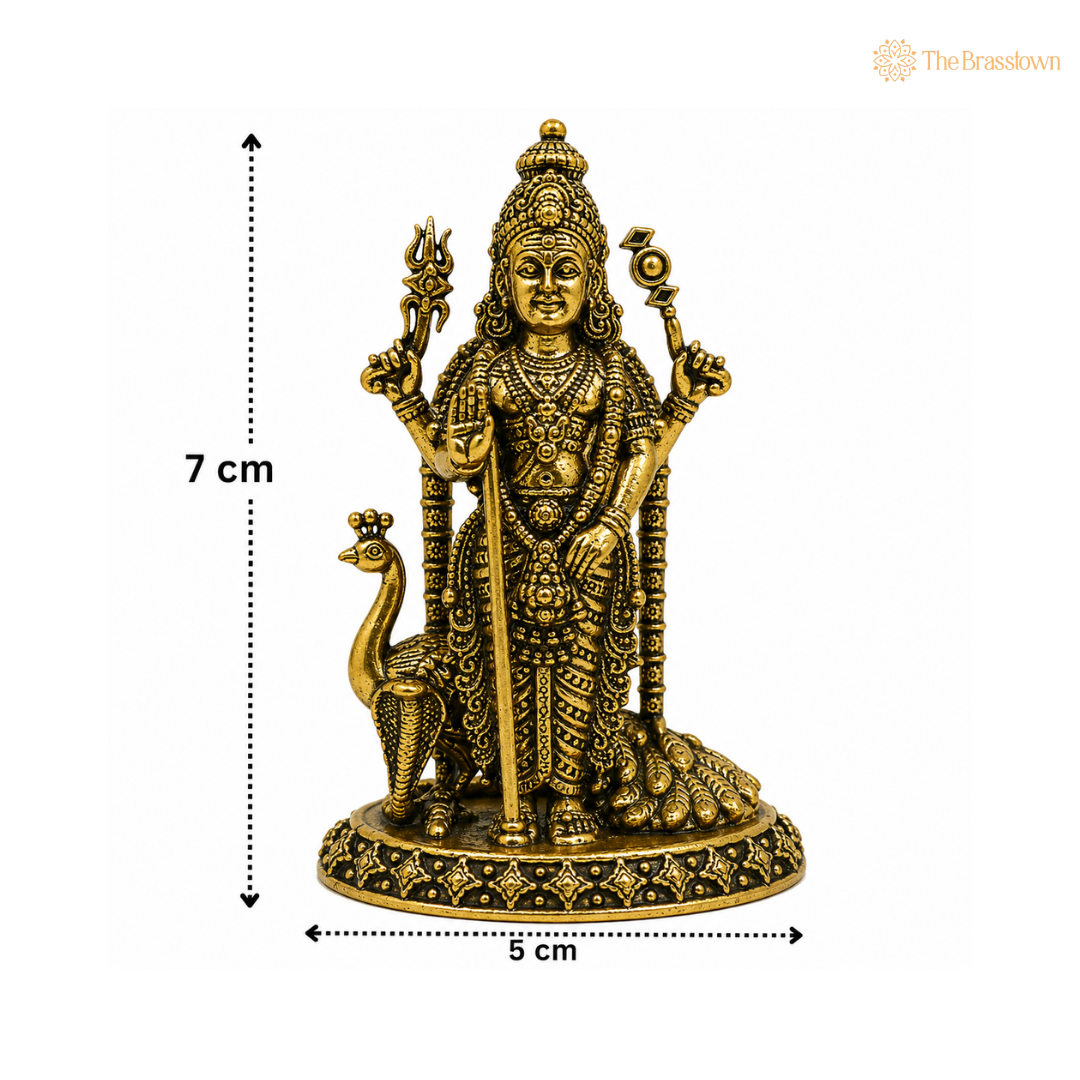 Brass Murugan Idol – Kartikeya / Skanda / Subramanya Statue, Handcrafted Lord Murugan Murti for Puja &amp; Home Décor 3 Inch