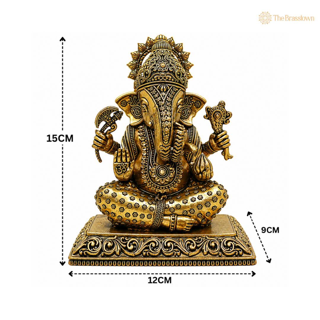 Handcrafted Brass Sitting Ganpati Bappa Idol – Lord Ganesha Murti (Vighnaharta) for Puja, Home Mandir &amp; Décor 6 Inch