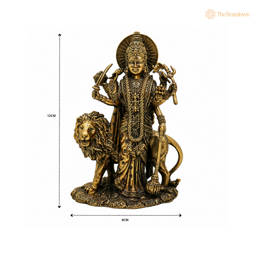 Handcrafted Brass Maa Durga (Bhavani Statue) Idol – Goddess Durga on Lion Murti for Puja, Home Mandir &amp; Spiritual Décor 4.5 Inch