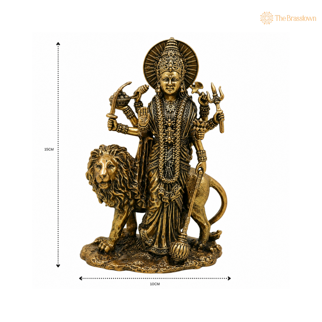 Handcrafted Brass Maa Durga (Bhavani Statue) Idol – Goddess Durga on Lion Murti for Puja, Home Mandir &amp; Spiritual Décor 6 Inch