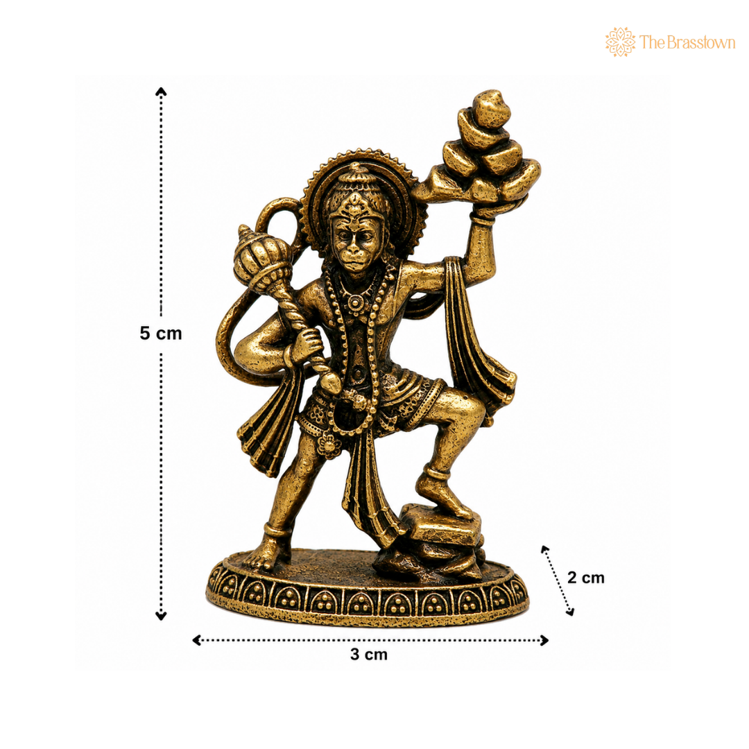Brass Hanuman Idol with Sanjeevini Mountain – Bajrangbali / Anjaneya / Maruti Murti for Puja, Home Mandir &amp; Spiritual Décor 2 Inch