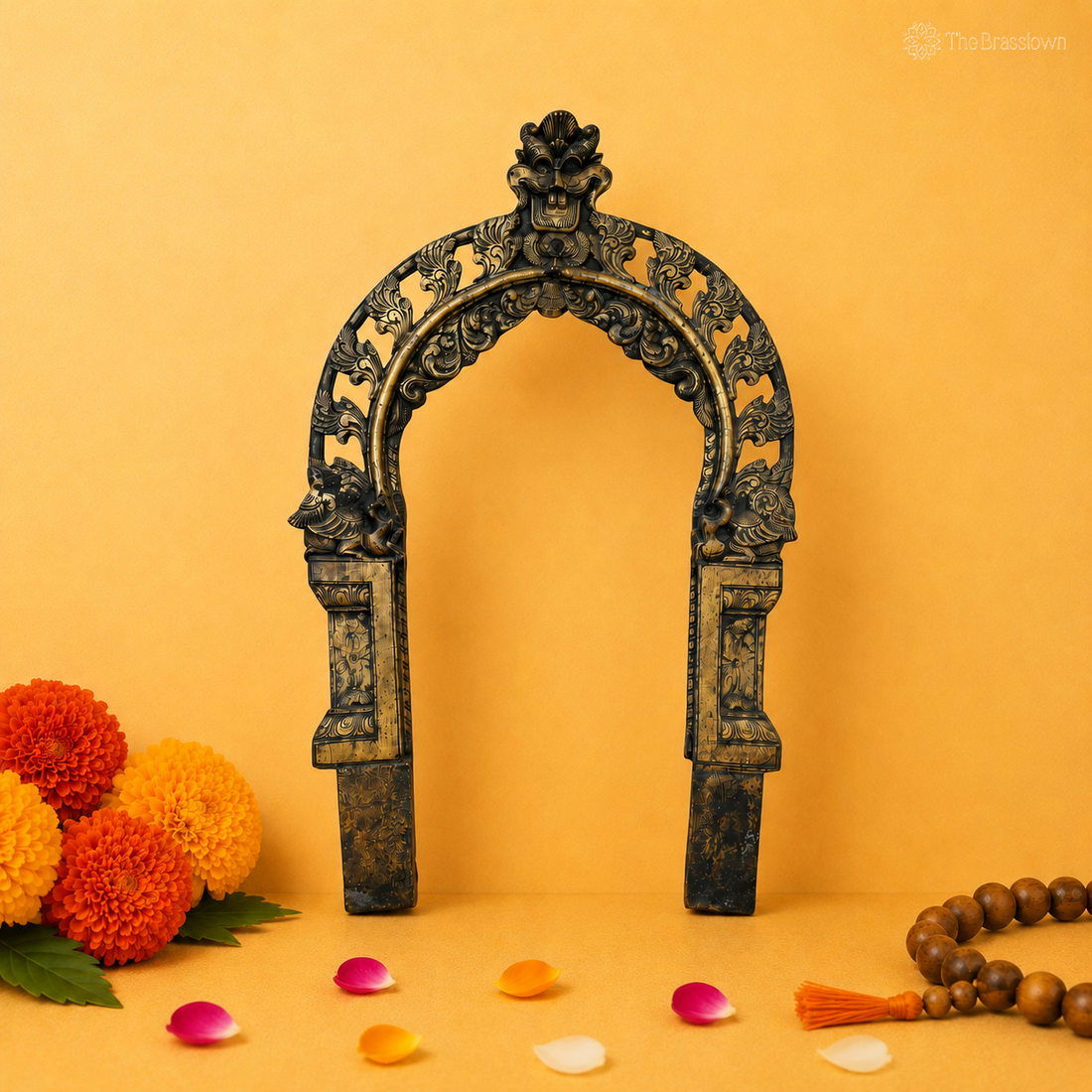 Handcrafted Brass Traditional Prabhavali Arch – Handcrafted Arch Backdrop Wall Hanging for Home Temple, Deity Décor &amp; Spiritual Ambience 37.5 Inch