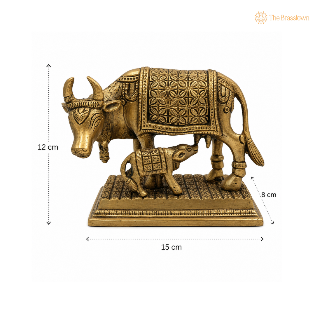 Sacred Brass Cow and Calf Figurine 5 inch