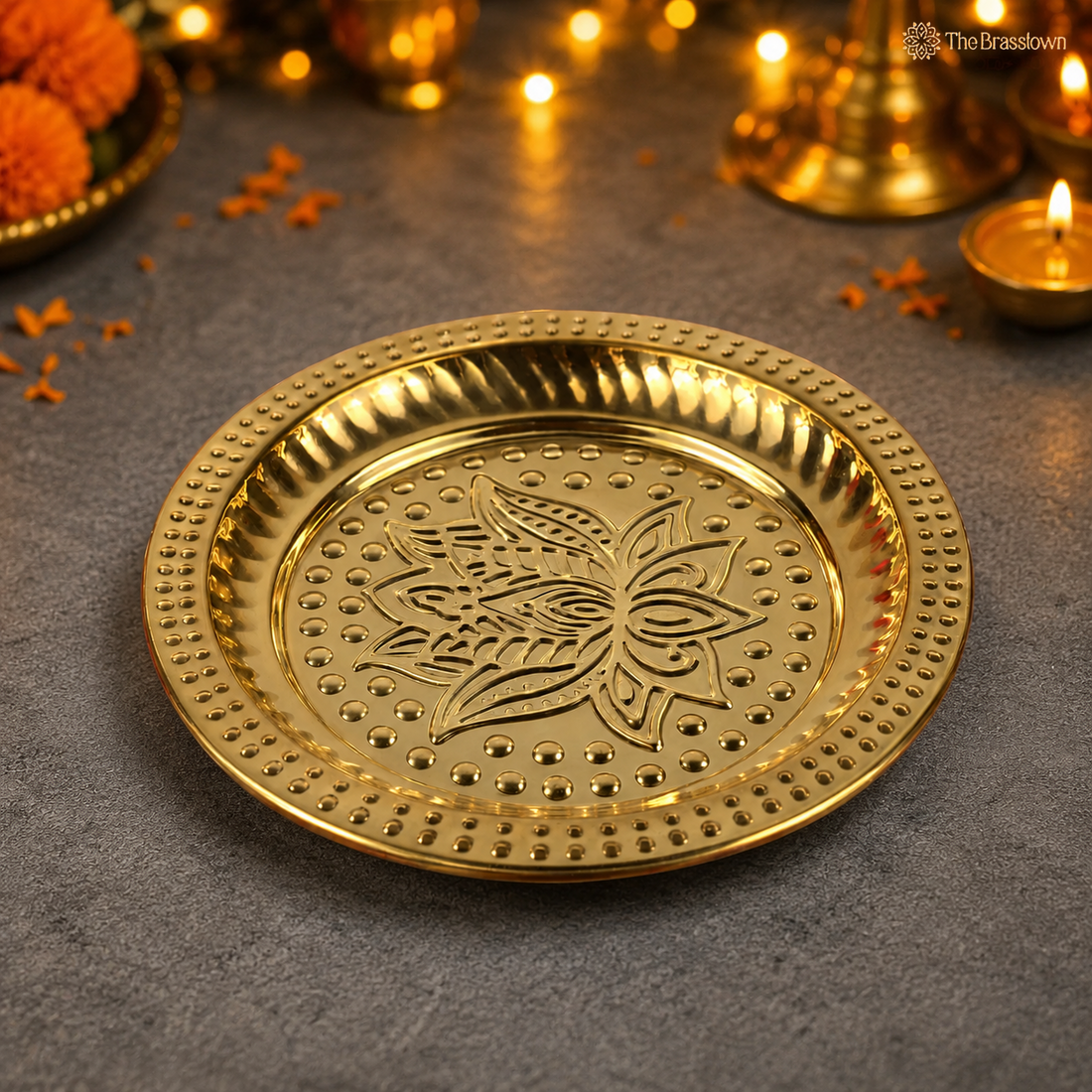 Handcrafted Brass Pooja Thali – Traditional Peetal Aarti Plate (Pital Puja Thambalam) for Hindu Worship &amp; Temple Rituals 1 Inch
