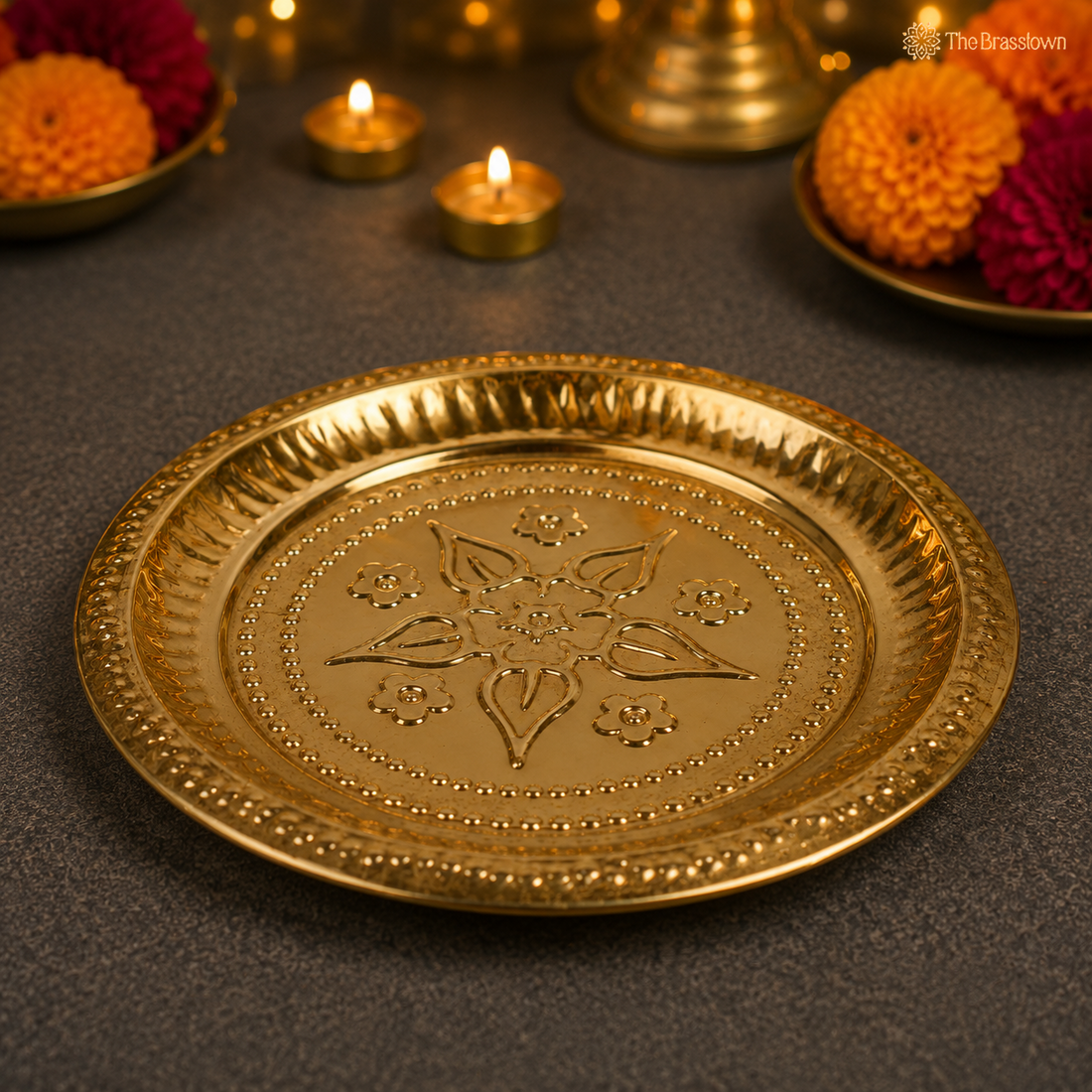 Brass Pooja Thali – Traditional Peetal Aarti Plate (Pital Puja Thambalam) for Hindu Worship &amp; Temple Rituals 1 Inch
