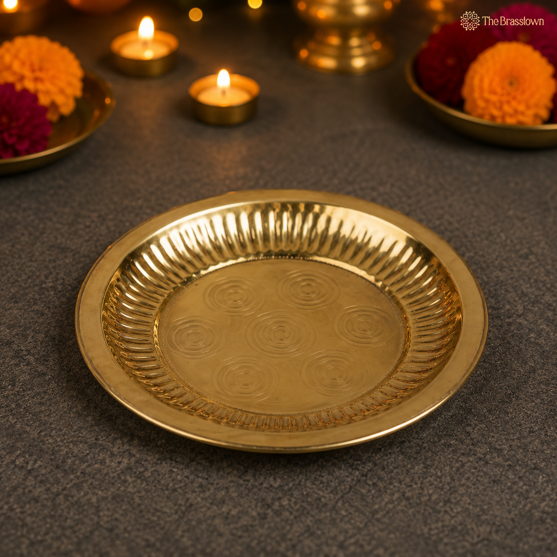Brass Handcrafted Pooja Thali – Traditional Peetal Aarti Plate (Pital Puja Thambalam) for Hindu Worship &amp; Temple Rituals 1 Inch