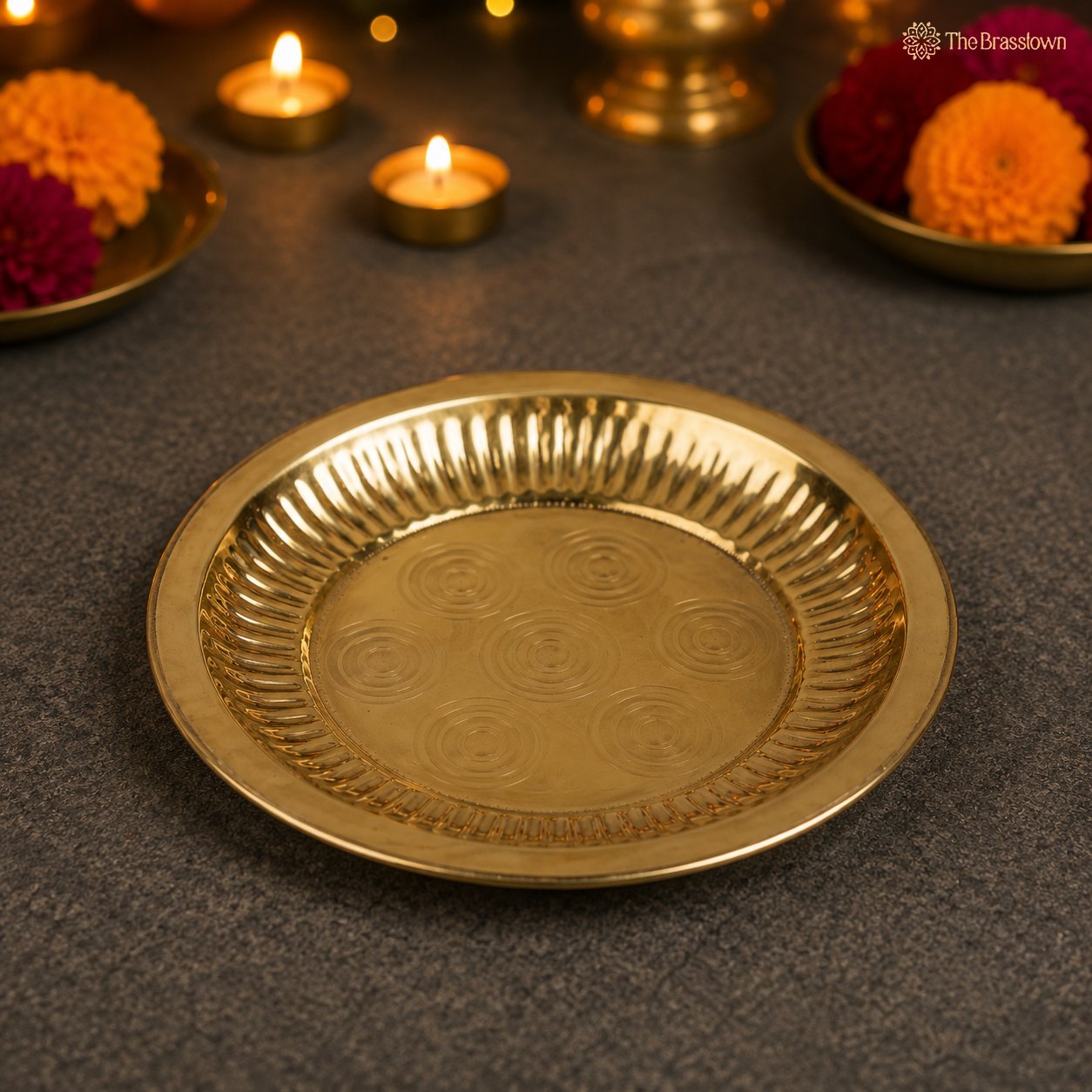 Brass Handcrafted Pooja Thali – Traditional Peetal Aarti Plate (Pital Puja Thambalam) for Hindu Worship &amp; Temple Rituals 1 Inch