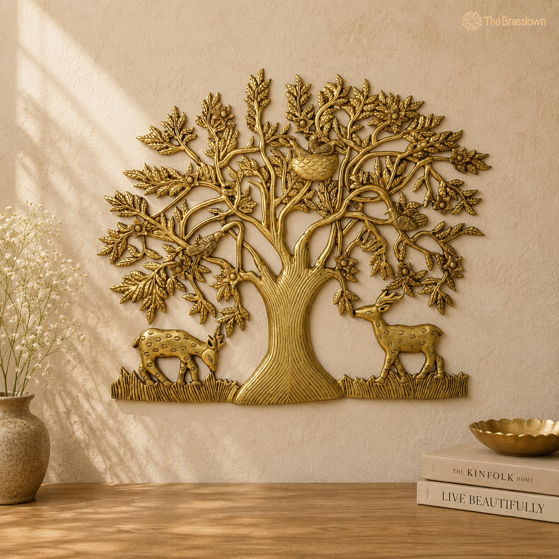 Handcrafted Brass Kalpavriksha Tree of Life Wall Hanging – Sacred Vastu &amp; Feng Shui Peetal Décor for Home, Living Room &amp; Pooja Space 16 Inch