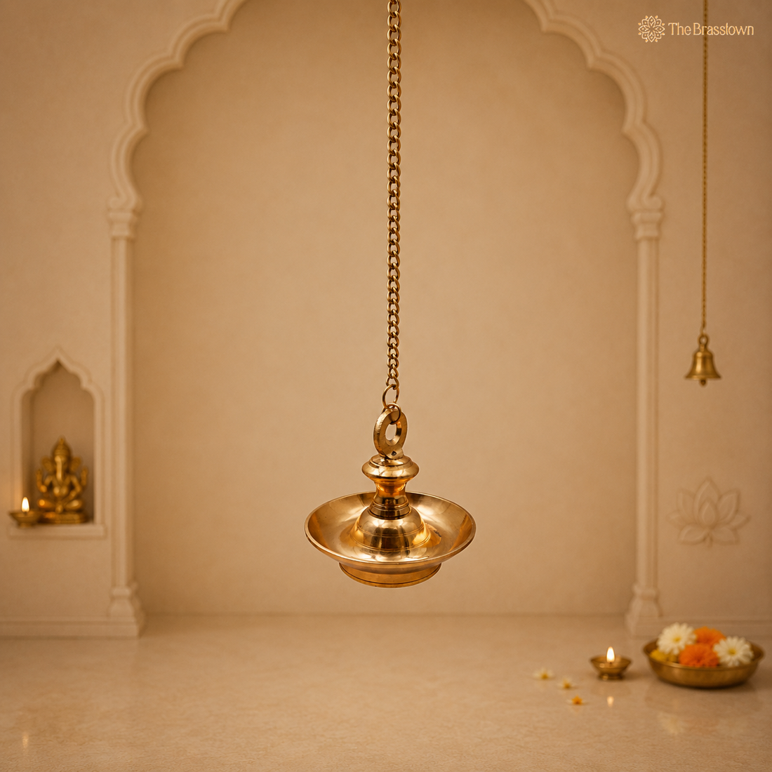 Traditional Hanging Brass Lamp Pooja Diya – Traditional Peetal Thooku Vilakku Deepam for Temple, Home Mandir &amp; Spiritual Décor 5.5 Inch