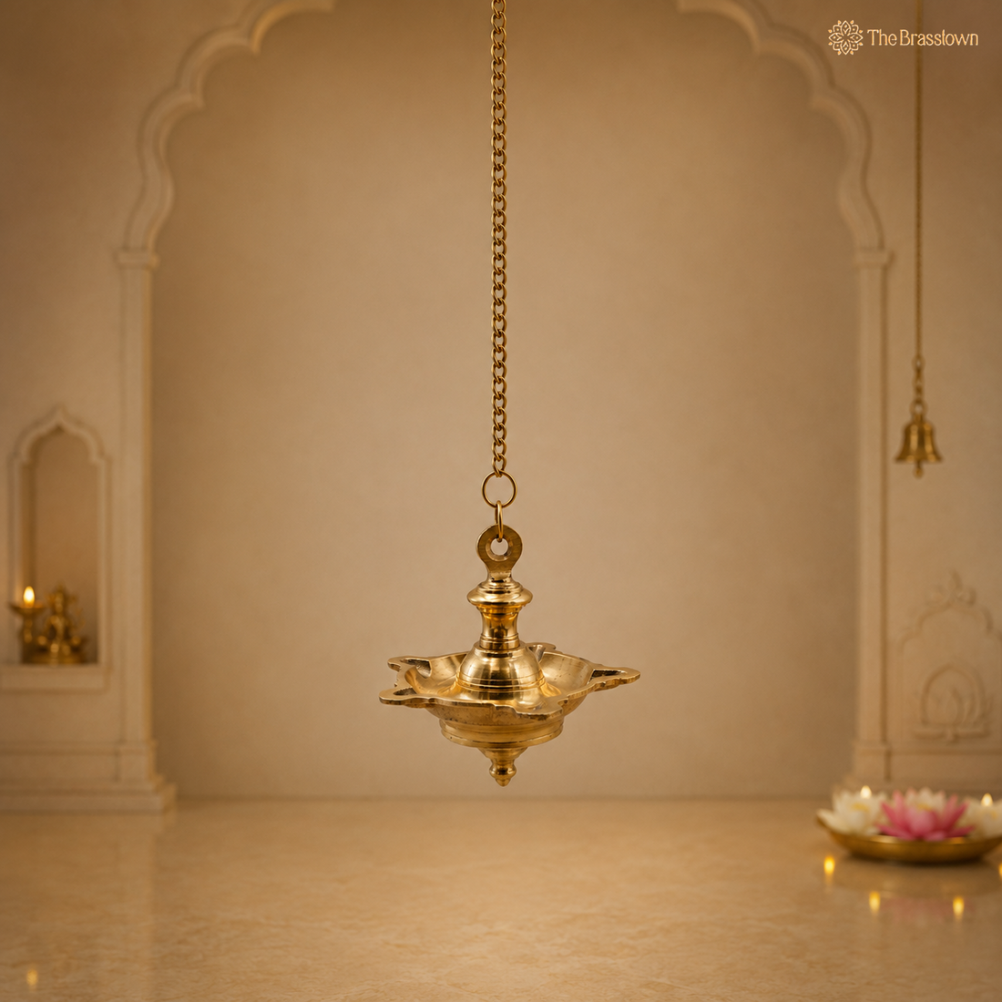 Hanging Brass Lamp Pooja Diya – Traditional Peetal Thooku Vilakku Deepam for Temple, Home Mandir &amp; Spiritual Décor 7 Inch