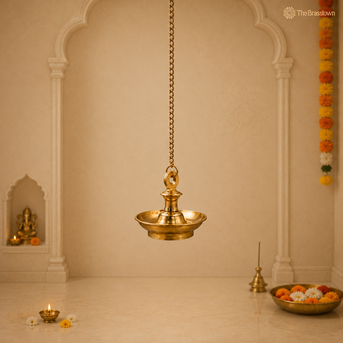 Brass Hanging Lamp Pooja Diya – Traditional Peetal Thooku Vilakku Deepam for Temple, Home Mandir &amp; Spiritual Décor 7 Inch