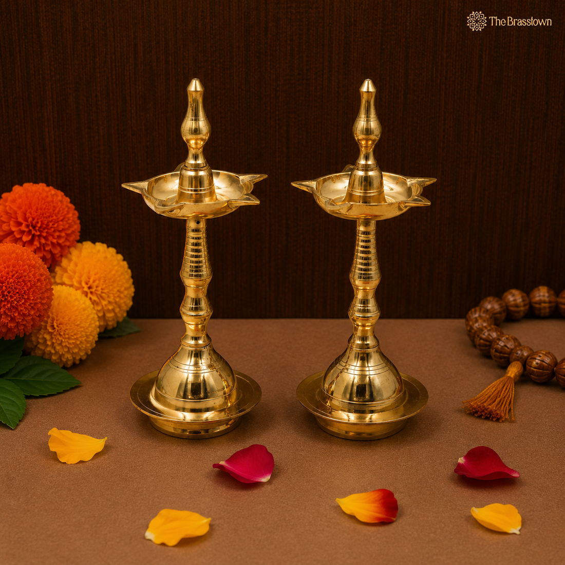 Handcrafted Brass Deepam Diya – Traditional Kuthu Vilakku Samai, Nilavilakku Oil Lamp for Puja, Aarti &amp; Temple Décor 12.5 Inch (set of 2)