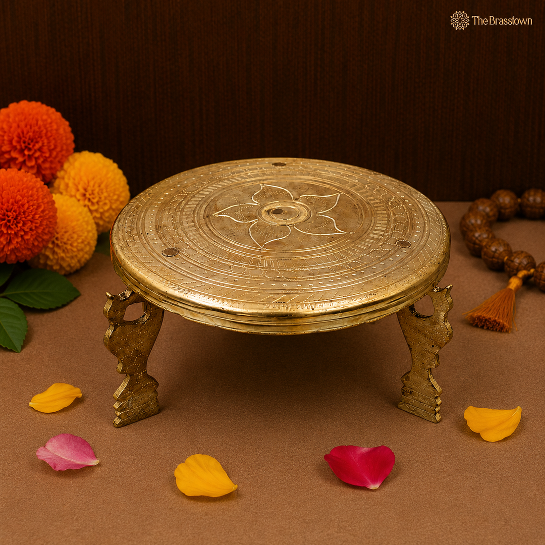 Brass Aasan Pooja Stand Chowki – Traditional Peetham Singhasan Circular Idol Display Base for God Idols, Diya, Urli &amp; Temple Décor 5.5 Inch