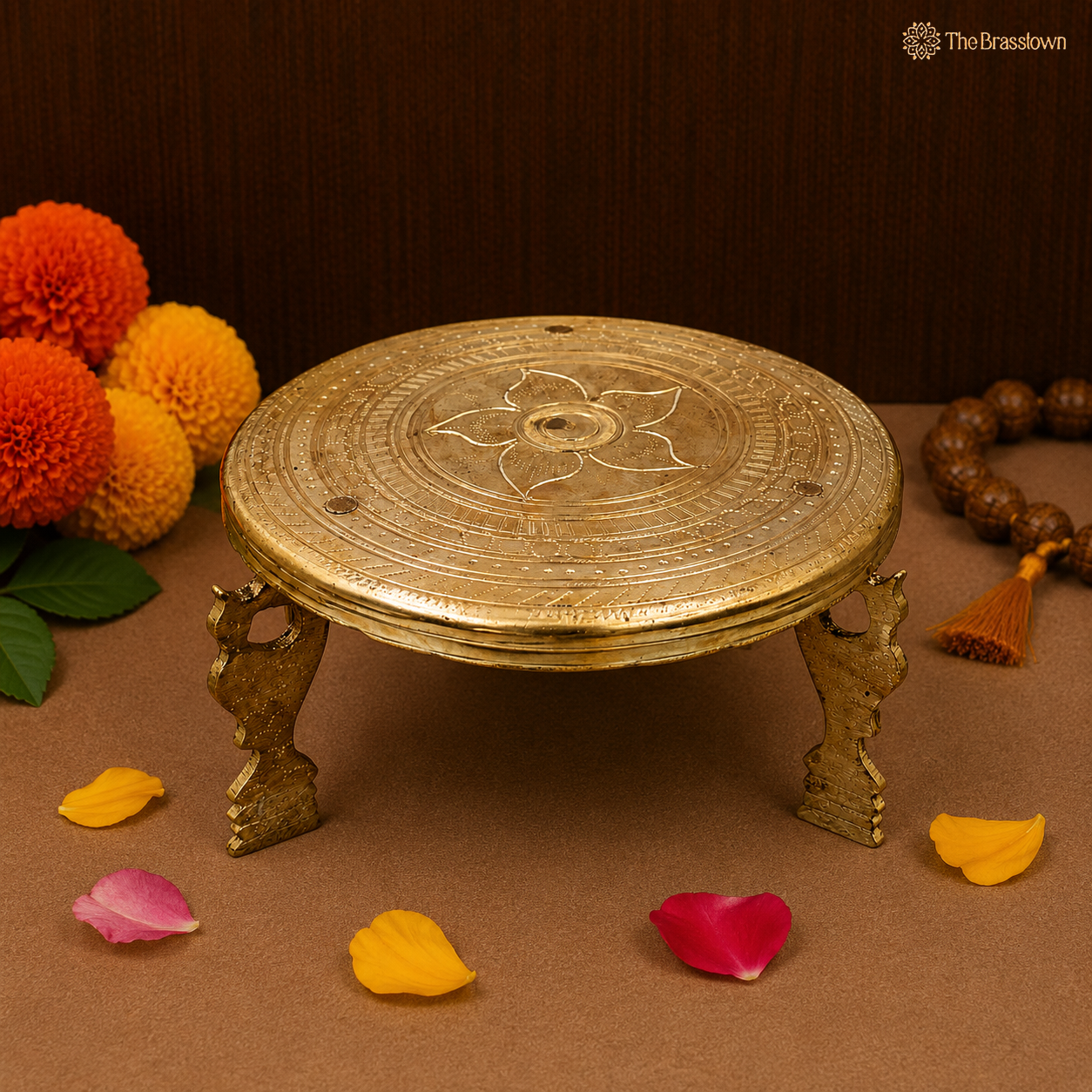 Brass Aasan Pooja Stand Chowki – Traditional Peetham Singhasan Circular Idol Display Base for God Idols, Diya, Urli &amp; Temple Décor 5.5 Inch
