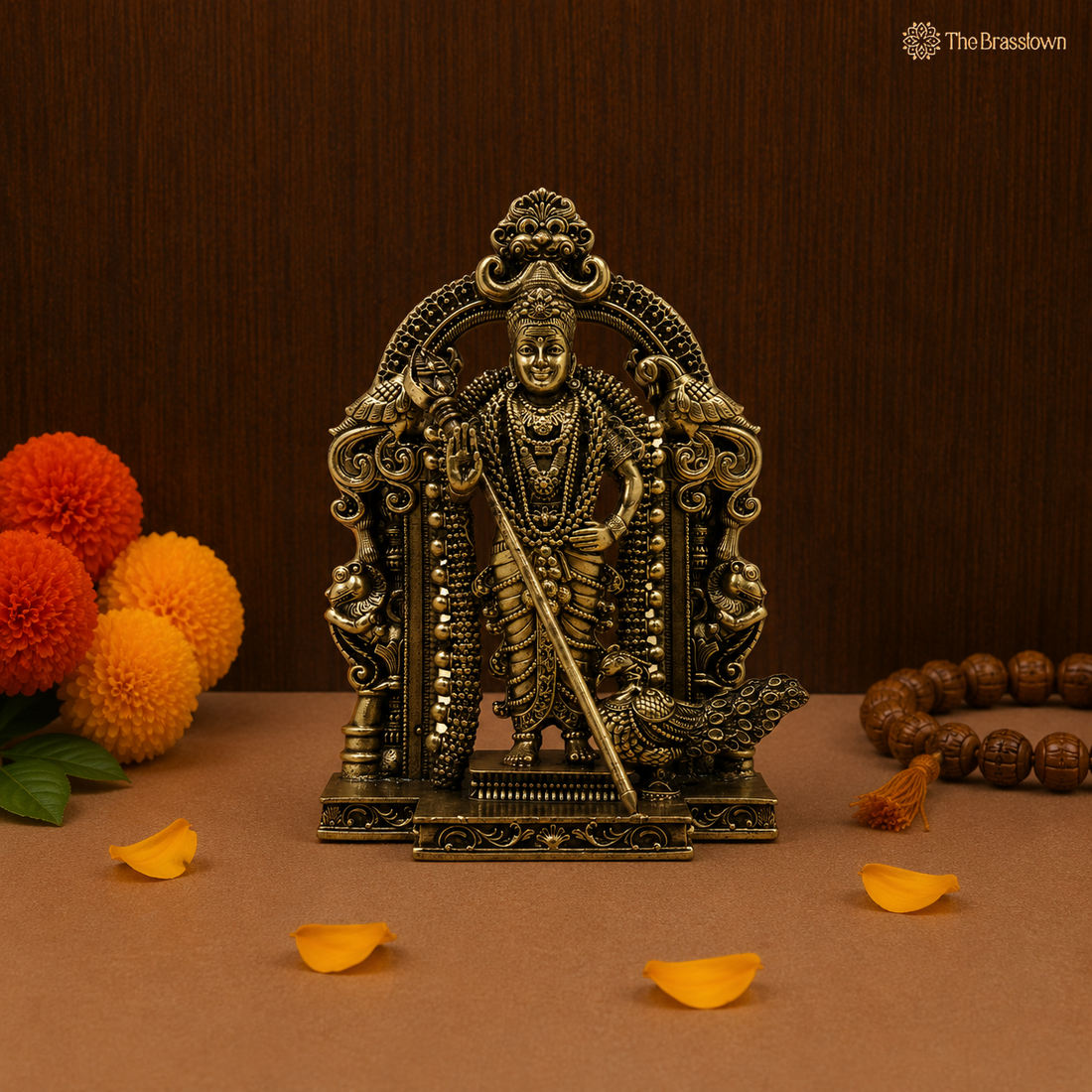 Brass Murugan Subramanya Kartikeya Idol – Fine Golden Finish for Puja &amp; Home Mandir 4.5 Inch