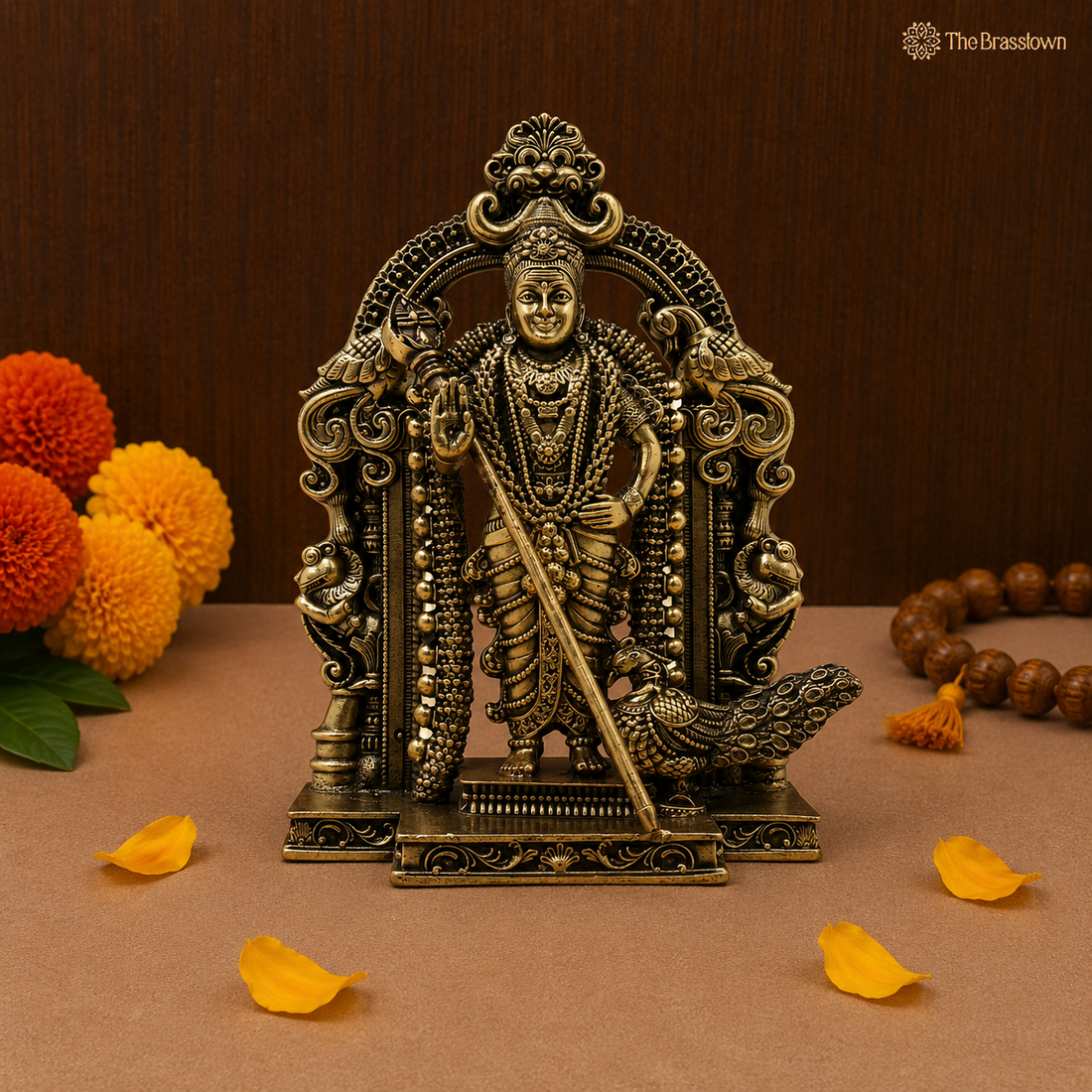Brass Murugan Subramanya Kartikeya Idol – Fine Golden Finish for Puja &amp; Home Mandir 8 Inch