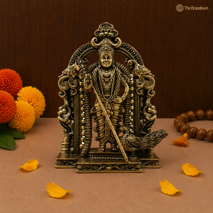 Brass Murugan Subramanya Kartikeya Idol – Fine Golden Finish for Puja &amp; Home Mandir 8 Inch