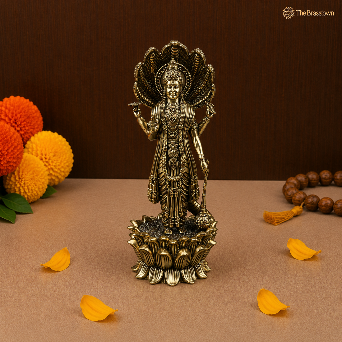 Handcrafted Brass Maha Vishnu Idol – Lord Narayana Perumal Murti for Home Temple, Pooja &amp; Spiritual Decor 11 Inch