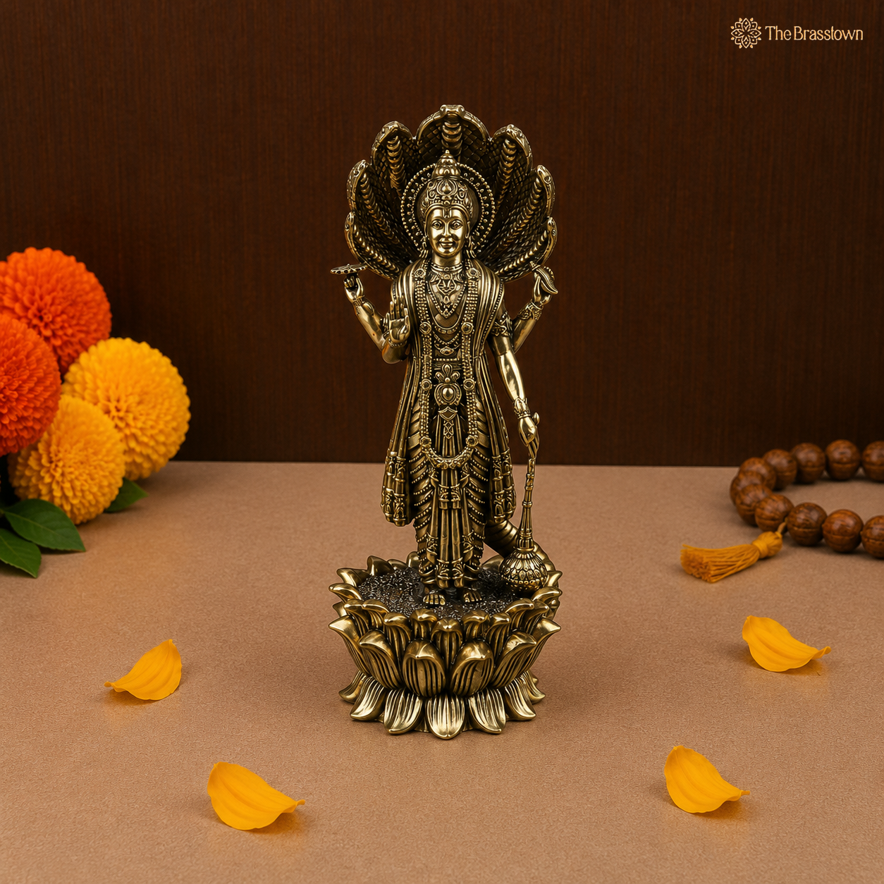 Handcrafted Brass Maha Vishnu Idol – Lord Narayana Perumal Murti for Home Temple, Pooja &amp; Spiritual Decor 11 Inch