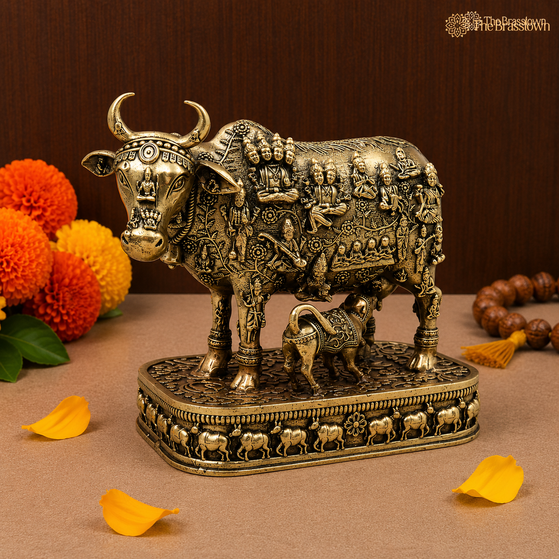Handcrafted Brass Kamdhenu Gomata Surabhi Idol – Sacred Vastu &amp; Prosperity Statue for Home Temple, Office &amp; Gifting 6 Inch
