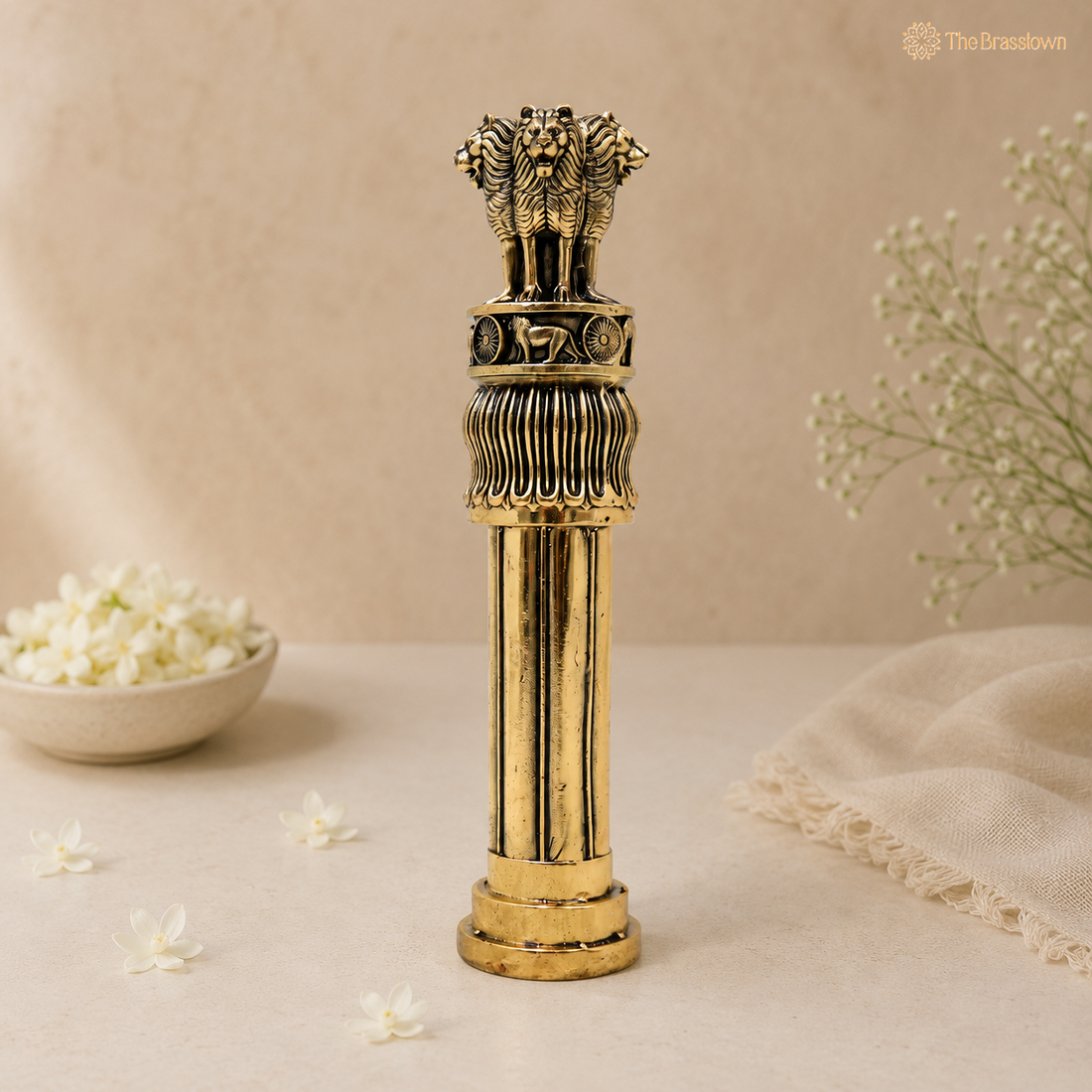 Brass Handcrafted Ashoka Stambh Idol – Traditional National Emblem Lion Capital Decorative Showpiece for Home &amp; Office Décor 6 Inch