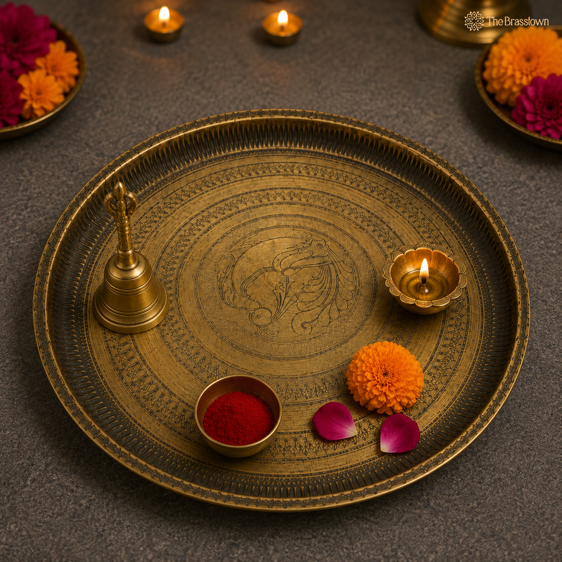 Traditional Brass Pooja Thali – Peetal Aarti Plate (Pital Puja Thambalam) for Hindu Worship &amp; Temple Rituals 1.5 Inch