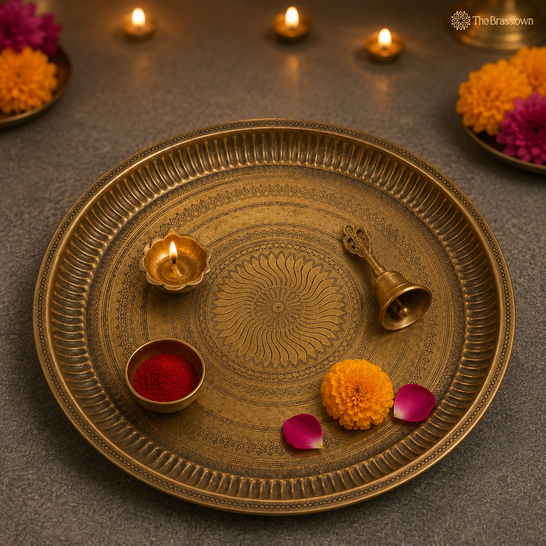 Traditional Brass Pooja Thali for Aarti – Peetal Aarti Plate (Pital Puja Thambalam) for Hindu Worship &amp; Temple Rituals 1 Inch