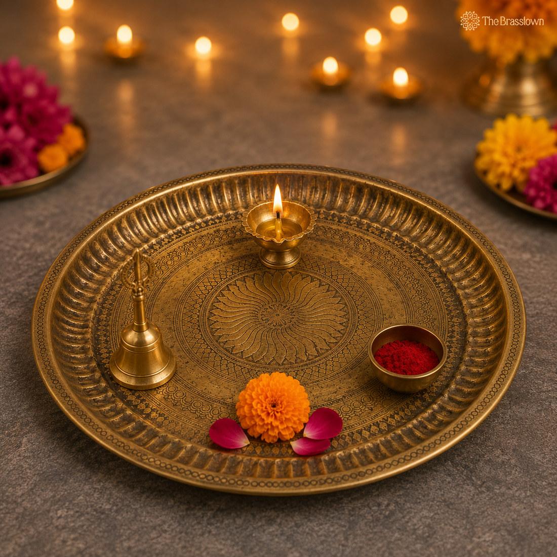 Brass Pooja Thali for Aarti – Peetal Aarti Plate (Pital Puja Thambalam) for Hindu Worship &amp; Temple Rituals 1 Inch