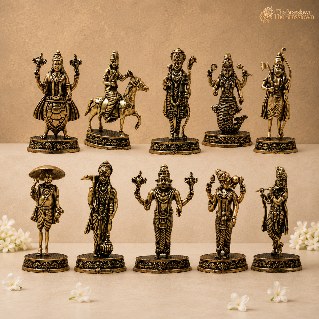 Brass Vishnu Dashavatar Set Idol – Handcrafted Dashavatara Murti Collection for Pooja, Temple Décor &amp; Spiritual Gifting