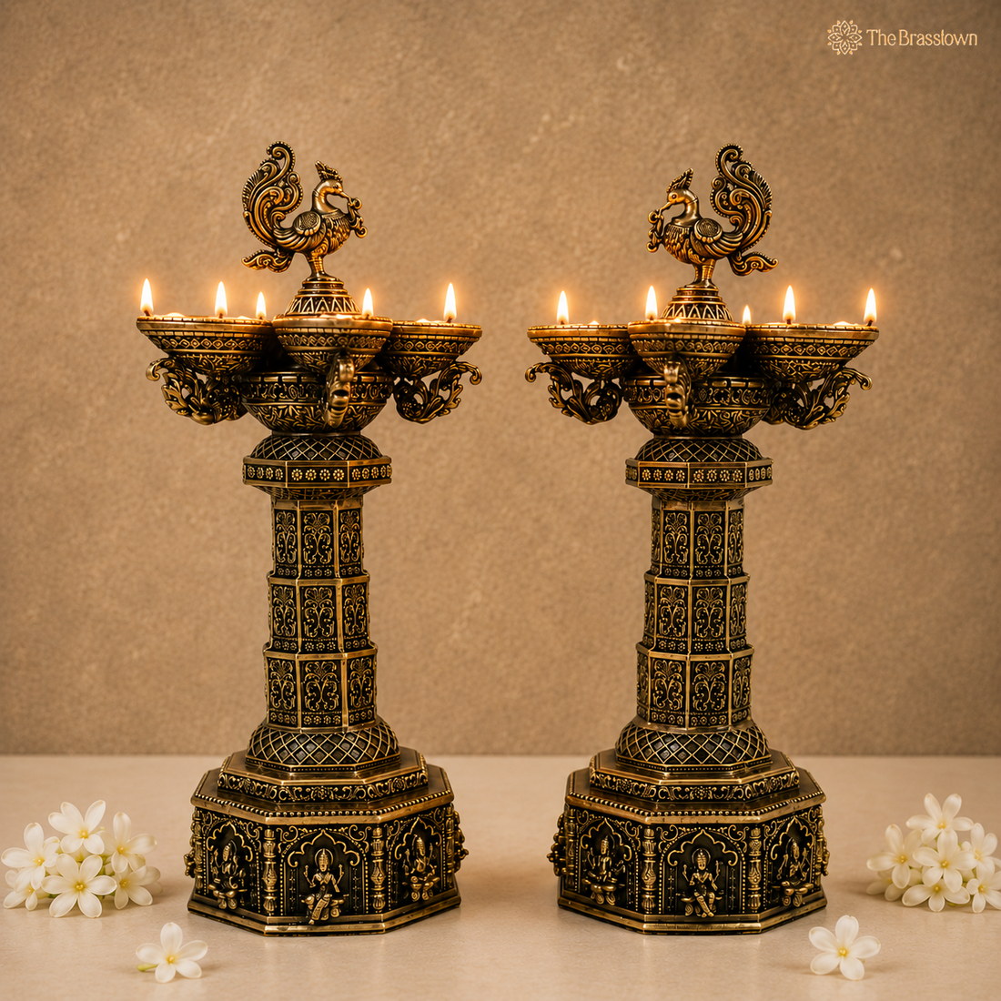 Brass Peacock Lakshmi Vilakku Deepam – Handcrafted Peetal Oil Lamp for Pooja, Home Mandir &amp; Spiritual Décor 14.5 Inch
