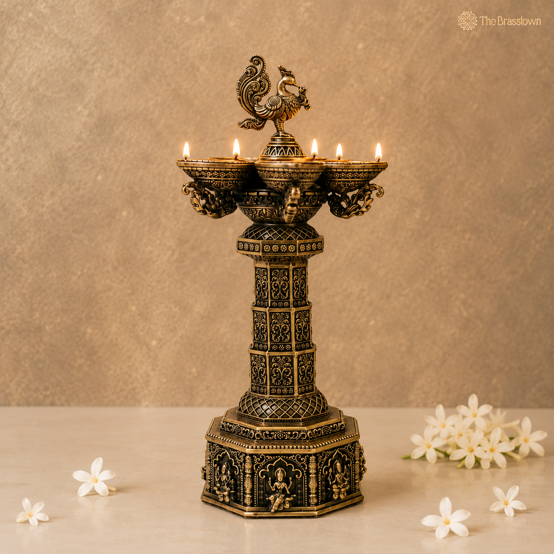Brass  Lakshmi Peacock Vilakku Deepam – Handcrafted Peetal Oil Lamp for Pooja, Home Mandir &amp; Spiritual Décor 13 Inch