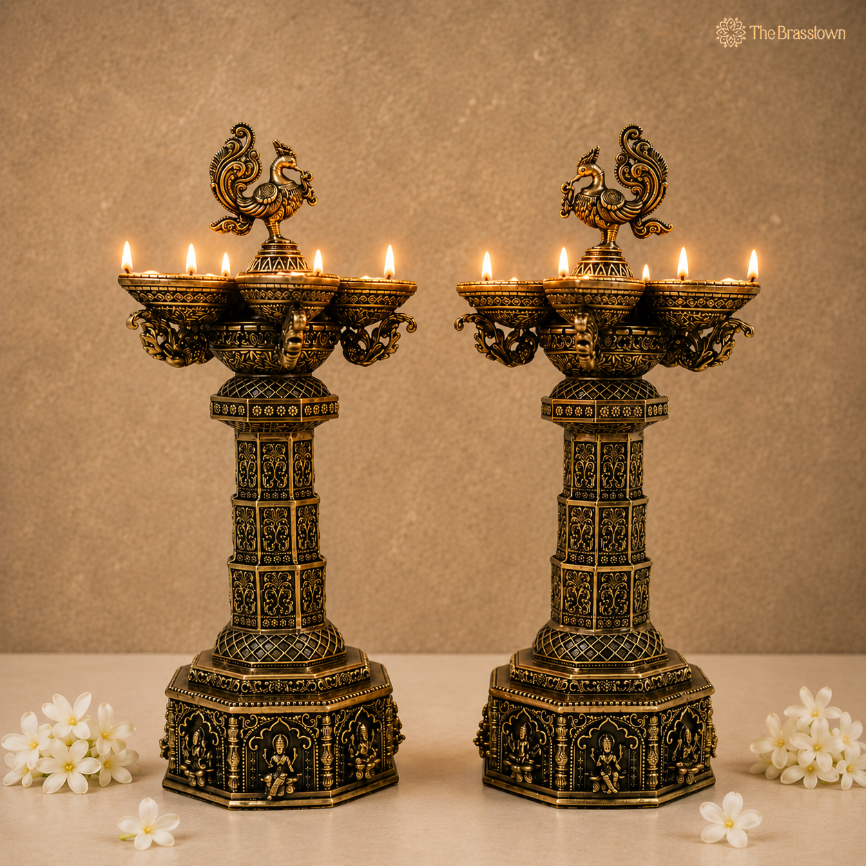 Brass Peacock Lakshmi Vilakku Deepam – Handcrafted Peetal Oil Lamp for Pooja, Home Mandir &amp; Spiritual Décor 6.5 Inch