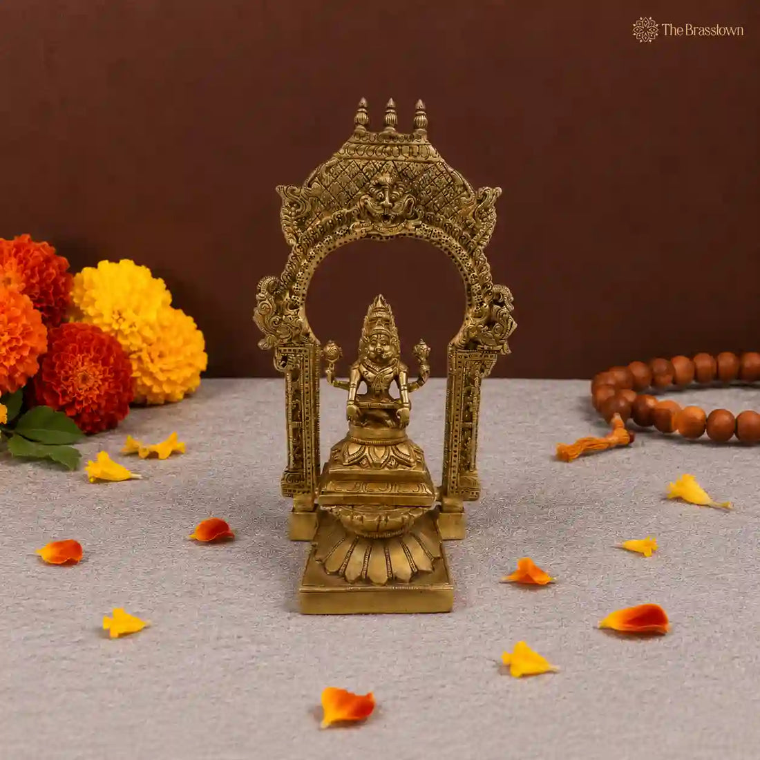 Brass Narasimha Statue with Ornate Arch 10.5 Inch