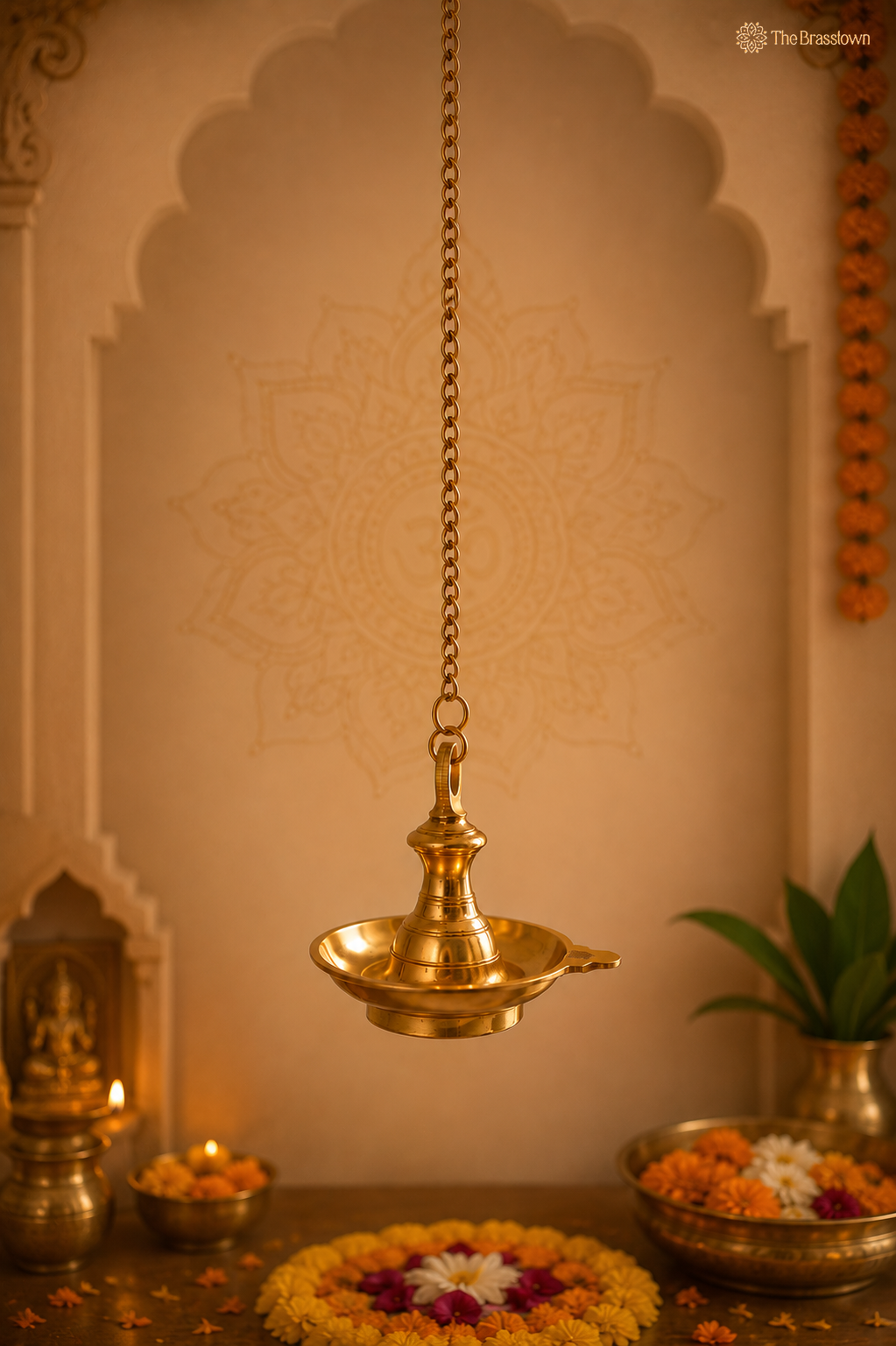 Hanging Brass Lamp for pooja – Traditional Peetal Thooku Vilakku Deepam for Temple, Home Mandir &amp; Spiritual Décor 5 Inch