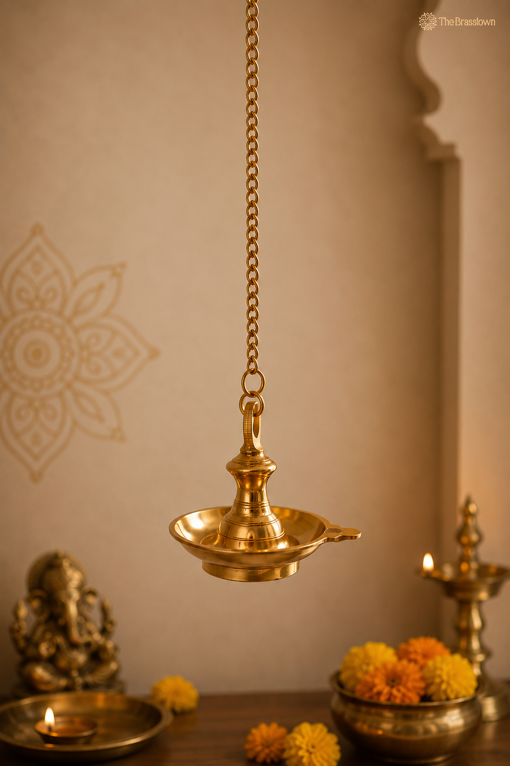 Hanging Brass Lamp for pooja – Traditional Peetal Thooku Vilakku Deepam for Temple, Home Mandir &amp; Spiritual Décor 6.5 Inch
