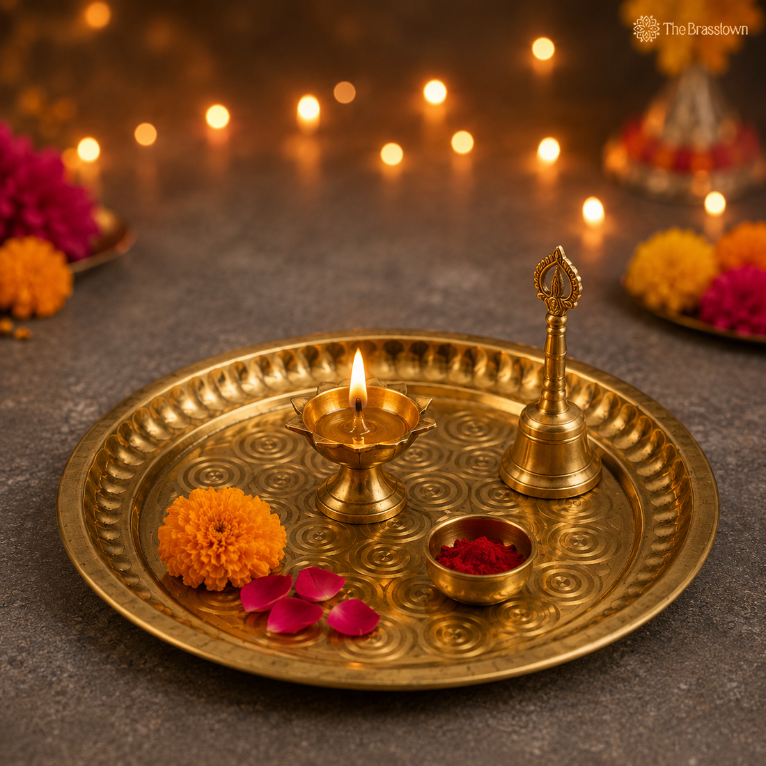 Brass Pooja Thali for Mandir – Peetal Aarti Plate (Pital Puja Thambalam) for Hindu Worship &amp; Temple Rituals 26 Inch