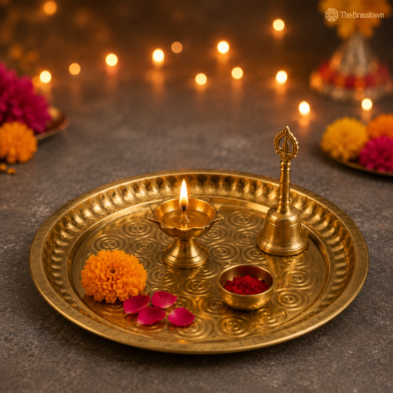 Brass Pooja Thali for Mandir – Peetal Aarti Plate (Pital Puja Thambalam) for Hindu Worship &amp; Temple Rituals 26 Inch