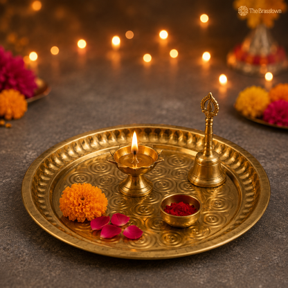 Brass Pooja Thali for Mandir – Peetal Aarti Plate (Pital Puja Thambalam) for Hindu Worship &amp; Temple Rituals 26 Inch