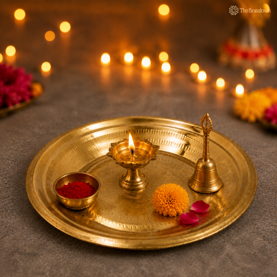 Handcrafted Brass Pooja Thali for Mandir – Peetal Pooja Plate (Pital Puja Thambalam) for Hindu Worship &amp; Temple Rituals 13.5 Inch