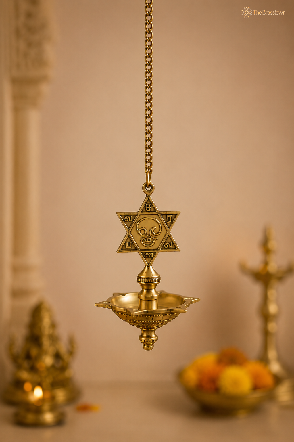 Hanging Brass Lamp with Star – Traditional Peetal Thooku Vilakku Deepam for Temple, Home Mandir &amp; Spiritual Décor 22 Inch