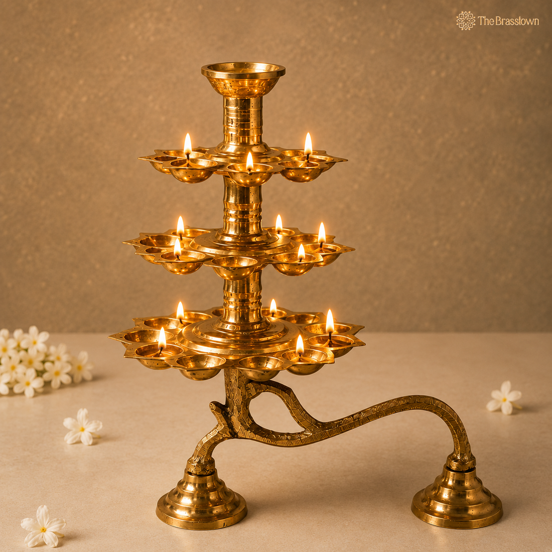 Brass 3 Layer Aarti Lamp – Traditional 3 Tier Deepam (Tripadi / Trishreni Deepam) for Home Mandir, Temple &amp; Festival Pooja Décor 9.5 Inch