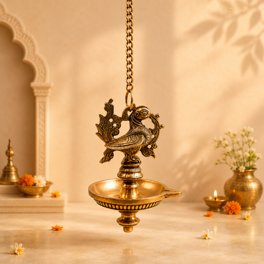 Hanging Brass Lamp Pooja – Traditional Peetal Thooku Vilakku Deepam for Temple, Home Mandir &amp; Spiritual Décor 20.5 Inch