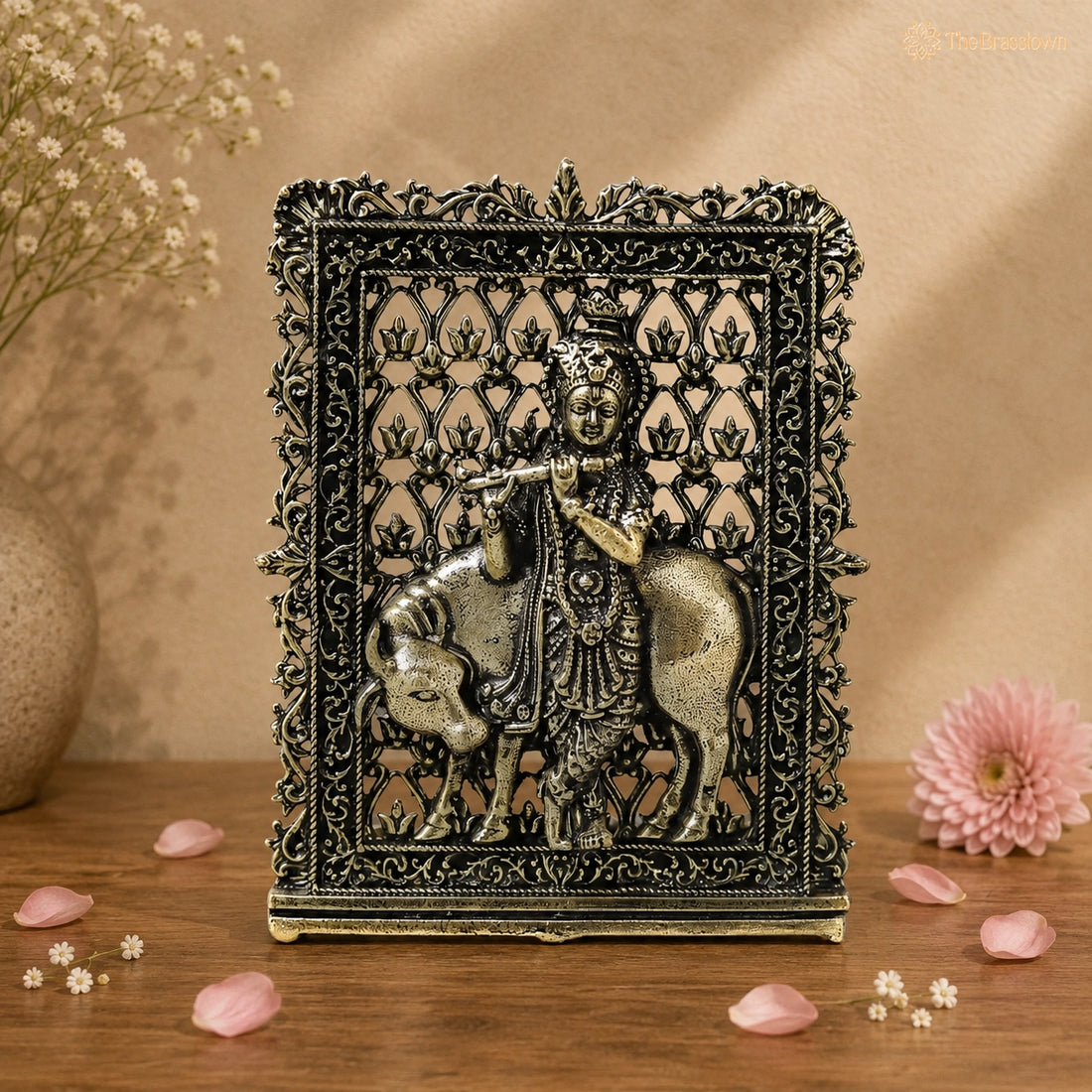 Brass Cow Krishna Panel – Fine Handcrafted Lord Krishna with Cow Wall Plaque for Car Dashboard, Home Décor &amp; Spiritual Blessings 3 Inch