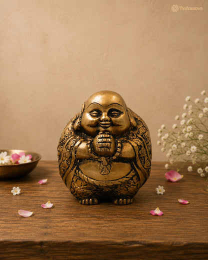 Brass Laughing Buddha Idol – Handcrafted Hotei Budai Statue for Vastu, Home Décor, Office &amp; Prosperity Gifting 5 Inch