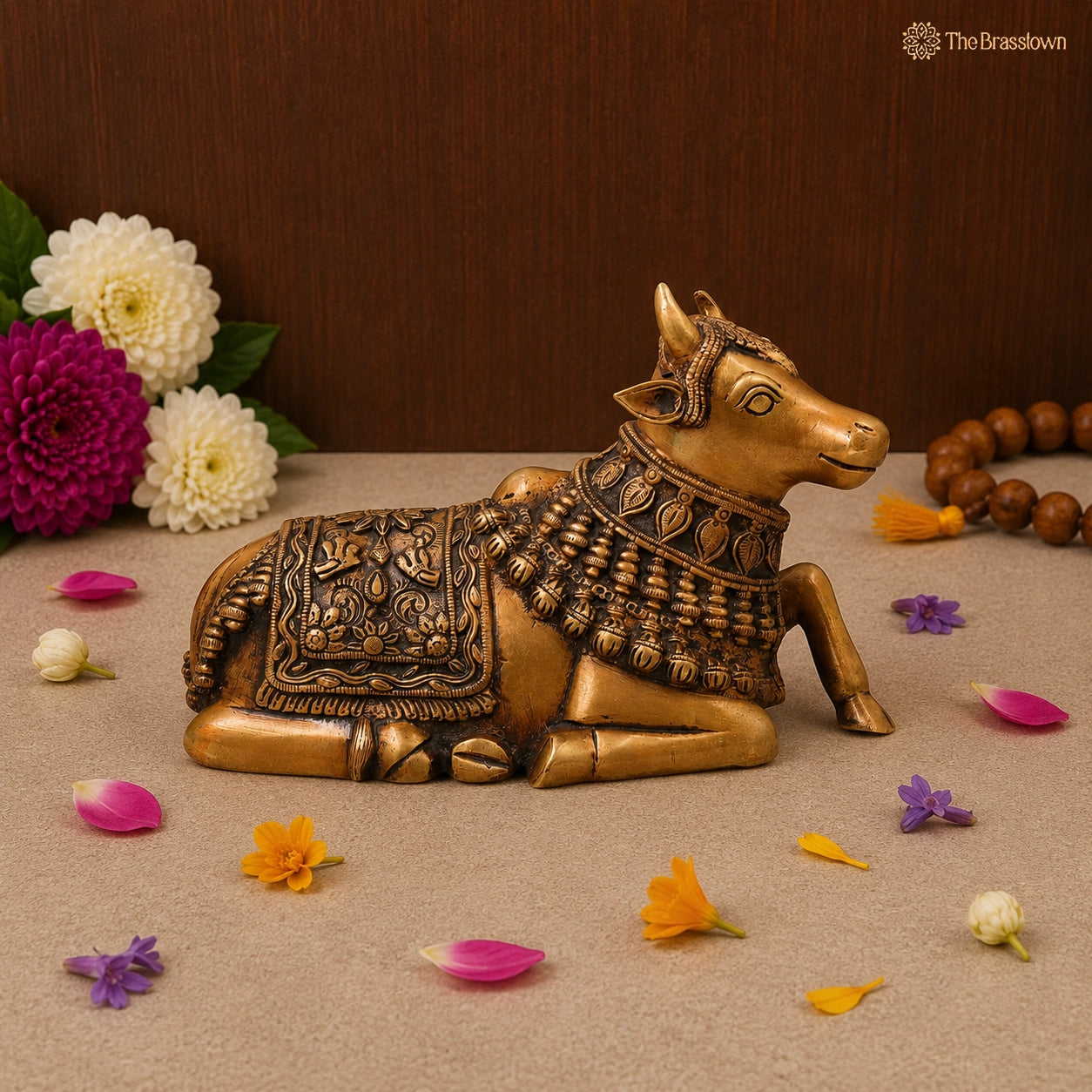 Brass Nandikeshwara Nandi Idol – Handcrafted Traditional Chola Style Vrishabha Murti for Pooja, Home Mandir, Décor &amp; Spiritual Gifting 6.5 Inch
